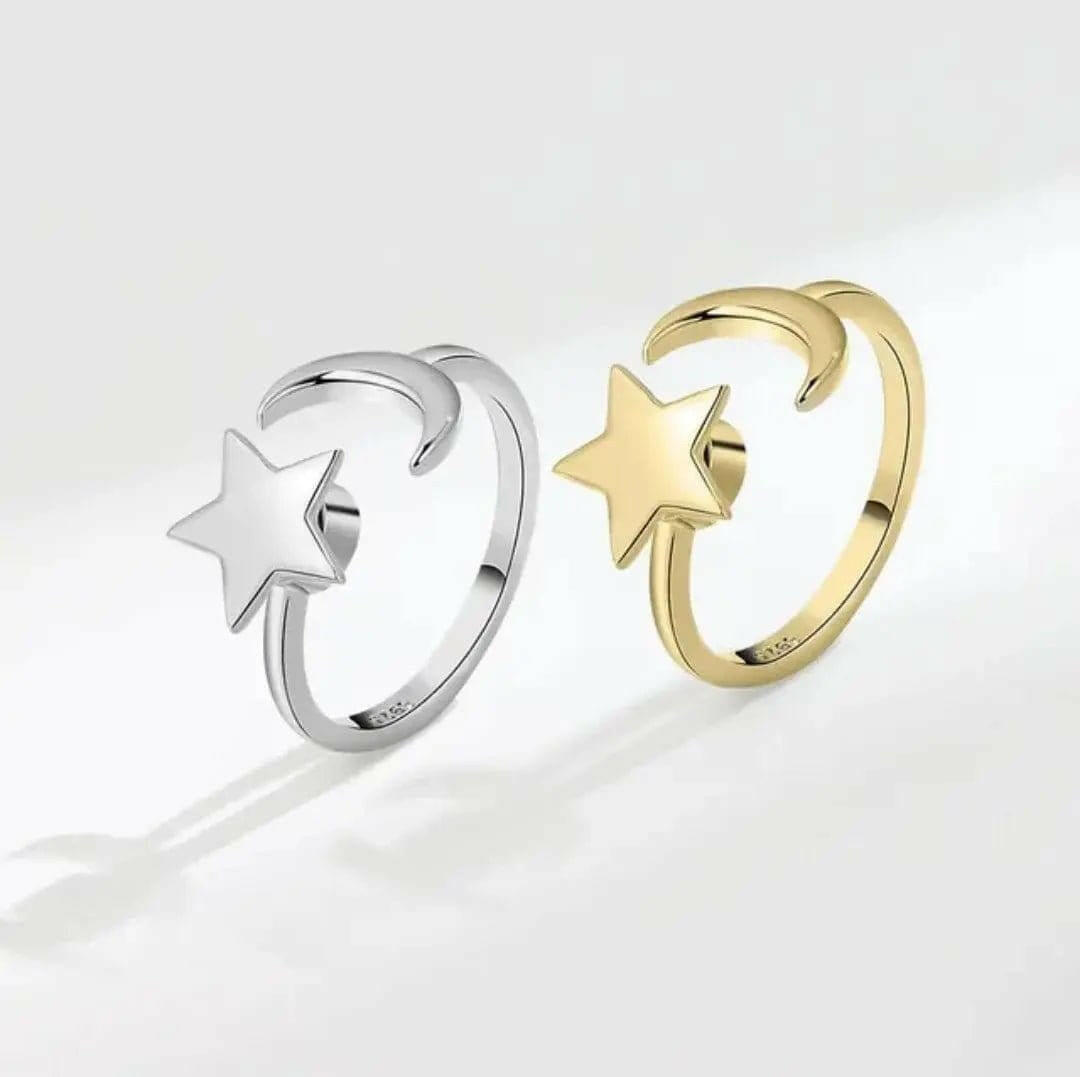 Gold Plated Mindful Fidget Star and Moon Ring Silver - Mindful Rings