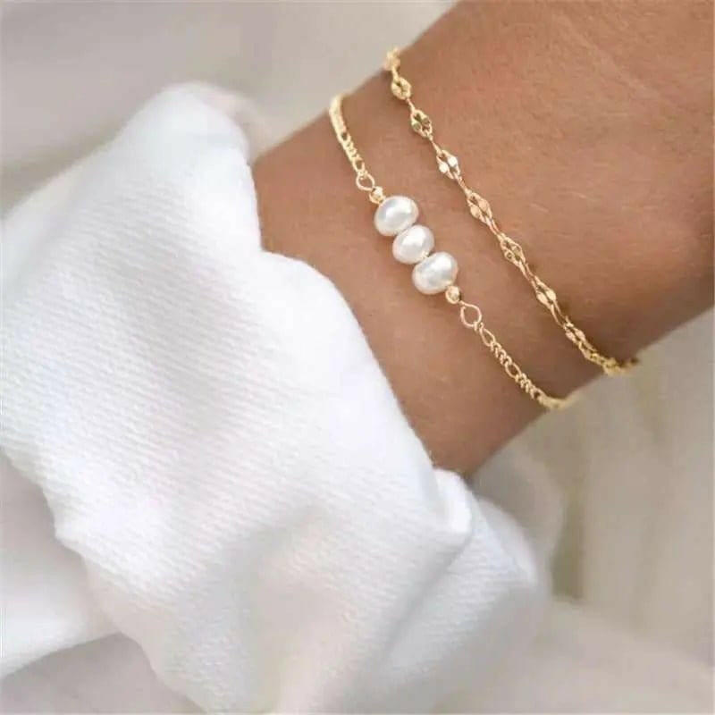 Gold Plated over .925 Sterling Silver Three Imitation Pearls Bead Bracelet - Fidget Jewellery - Mindful Rings