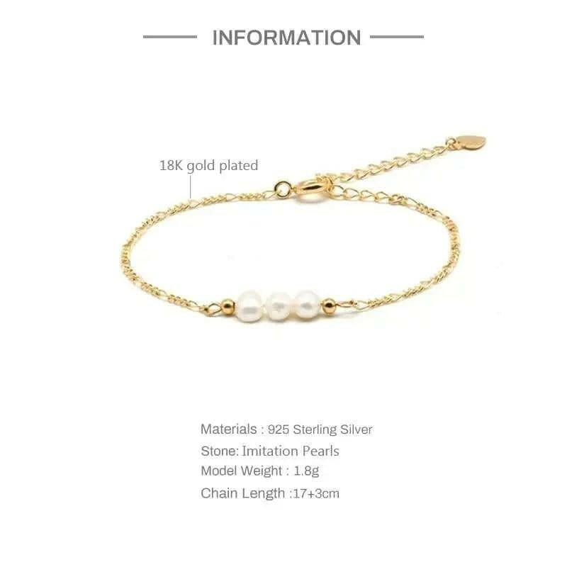 Gold Plated over .925 Sterling Silver Three Imitation Pearls Bead Bracelet - Fidget Jewellery - Mindful Rings