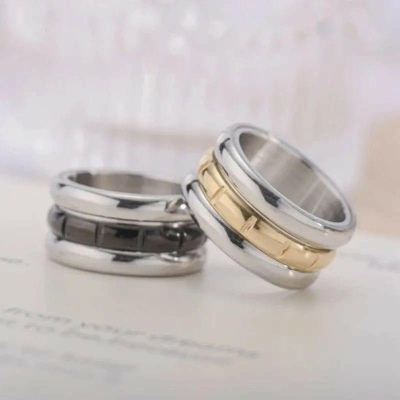 Mens Stainless Steel Gold and Black Spinner Ring - Rotatable Anti Stress Fidget Ring - Mindful Rings