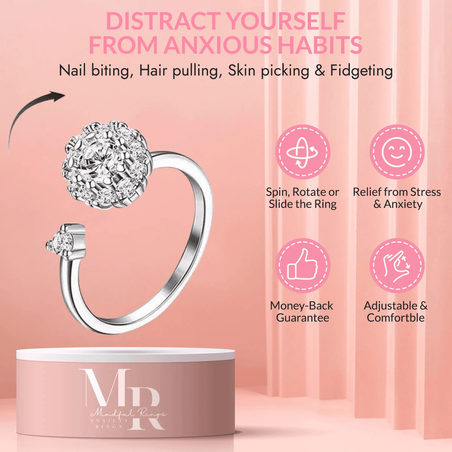 Mindful Rings - The Grounded Multi Clear Gem Fidget Spinner Ring - Mindful Rings