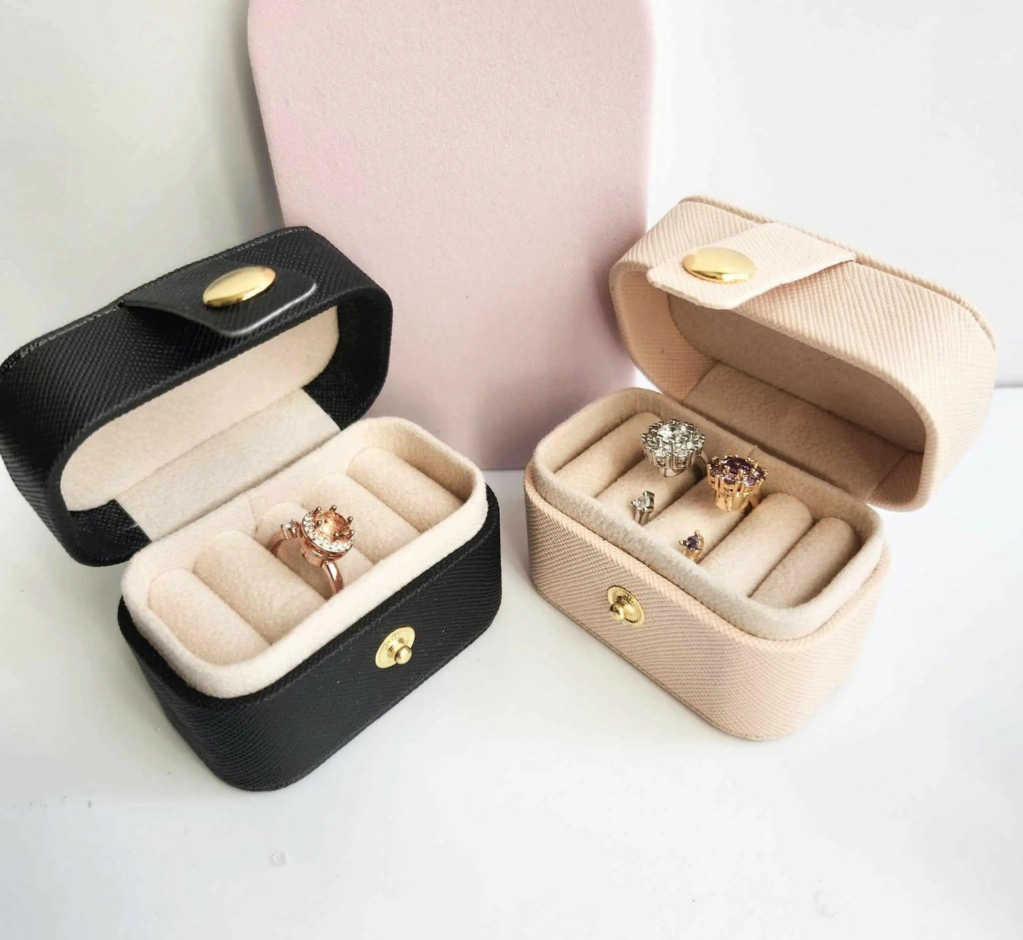 Mini Travel Ring Storage Box PU Leather Black and Pink - Mindful Rings