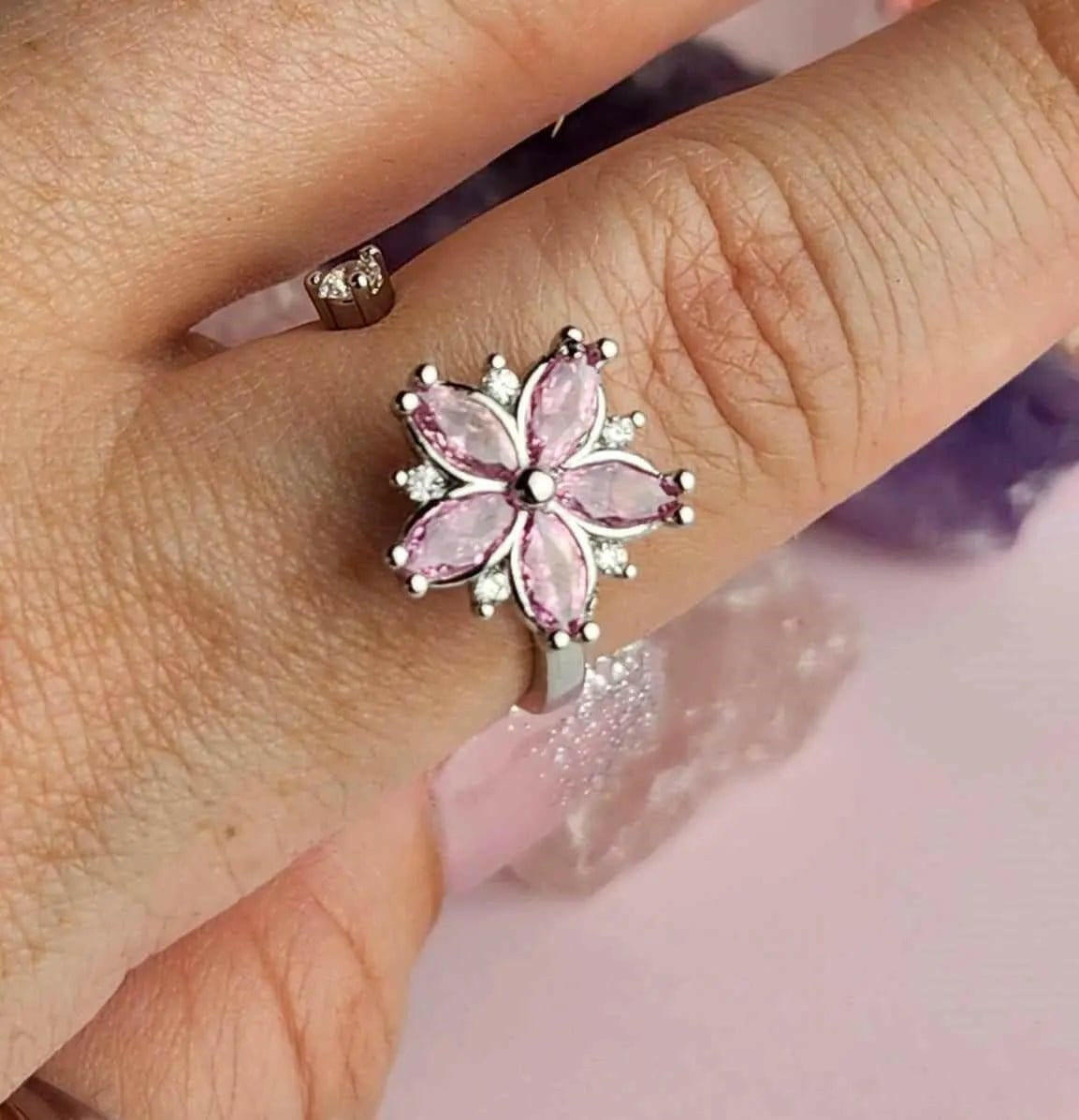 The Breath Collection Mindful Rings .925 Sterling Silver - Pink Flower Fidget Spinner Ring - Mindful Rings