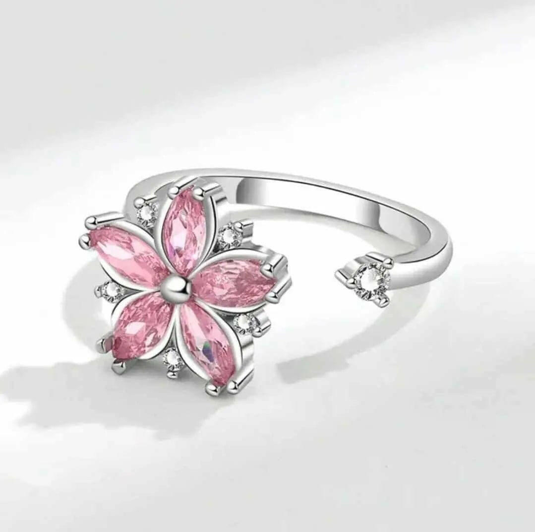 The Breath Collection Mindful Rings .925 Sterling Silver - Pink Flower Fidget Spinner Ring - Mindful Rings