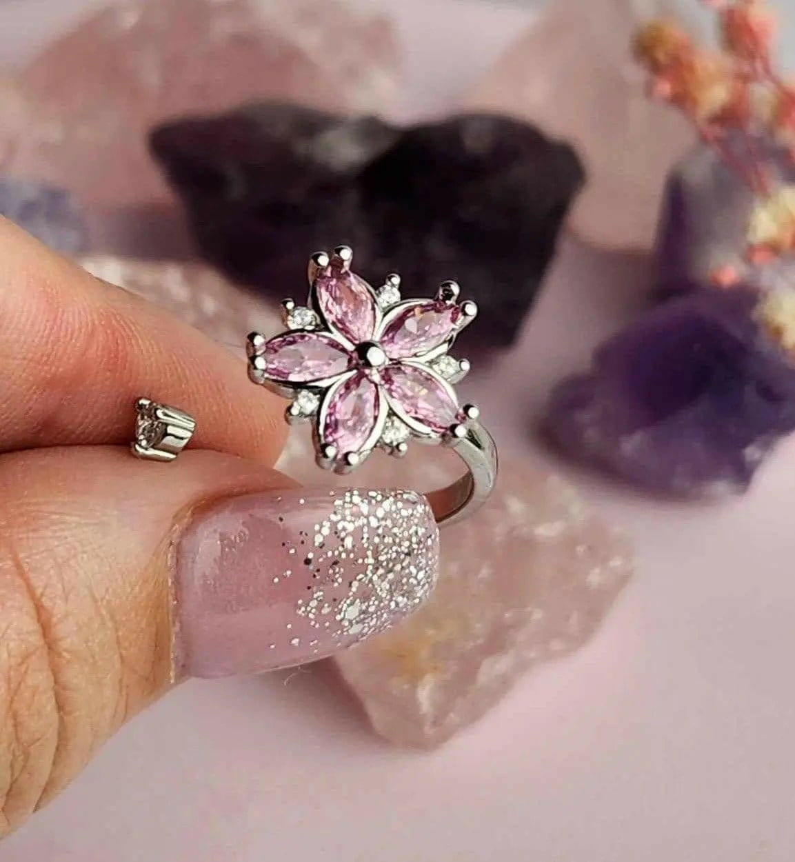 The Breath Collection Mindful Rings .925 Sterling Silver - Pink Flower Fidget Spinner Ring - Mindful Rings