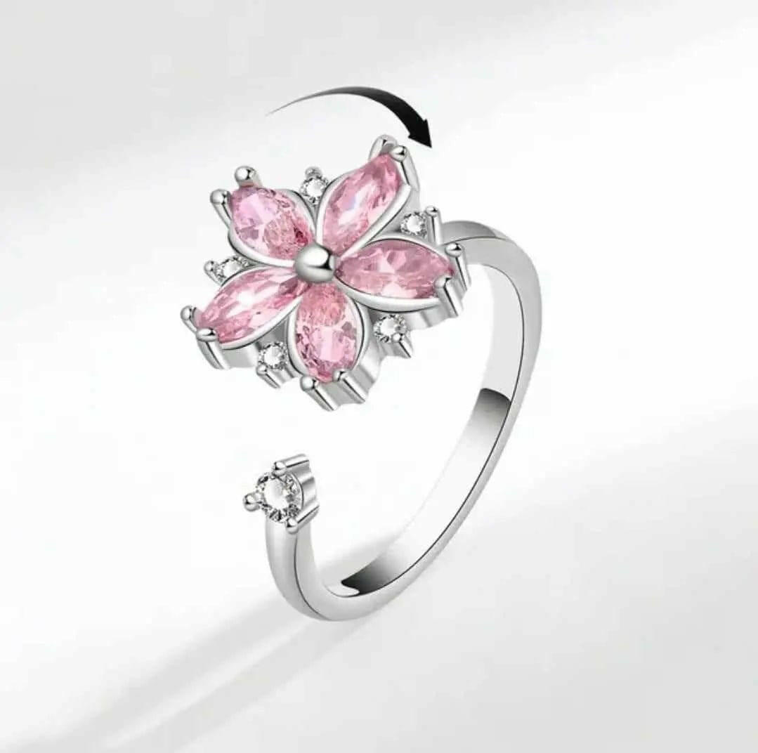 The Breath Collection Mindful Rings .925 Sterling Silver - Pink Flower Fidget Spinner Ring - Mindful Rings