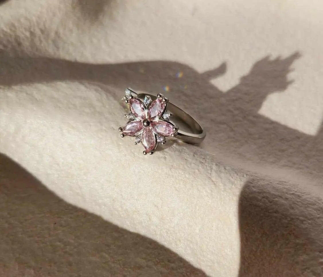 The Breath Collection Mindful Rings .925 Sterling Silver - Pink Flower Fidget Spinner Ring - Mindful Rings