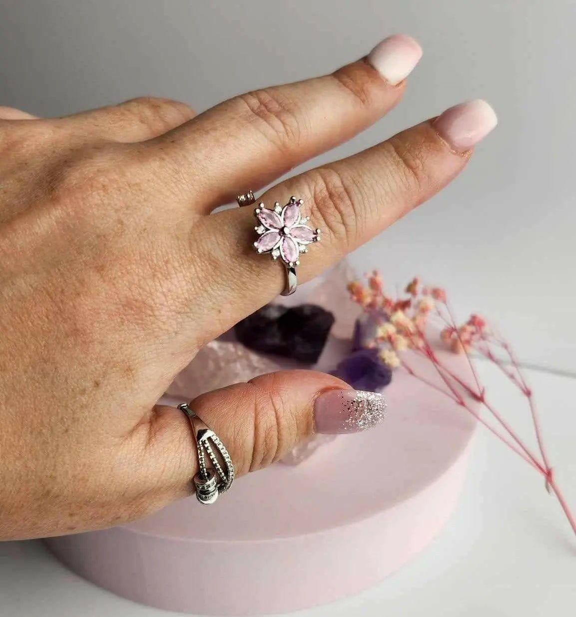The Breath Collection Mindful Rings .925 Sterling Silver - Pink Flower Fidget Spinner Ring - Mindful Rings