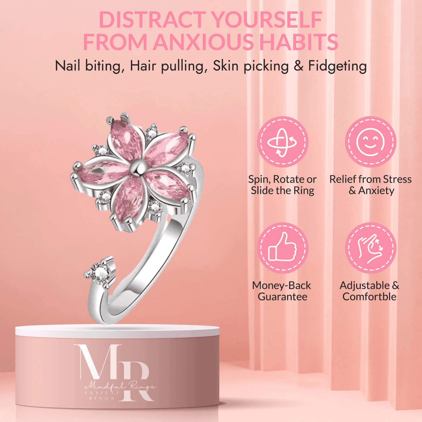 The Breath Collection Mindful Rings .925 Sterling Silver - Pink Flower Fidget Spinner Ring - Mindful Rings