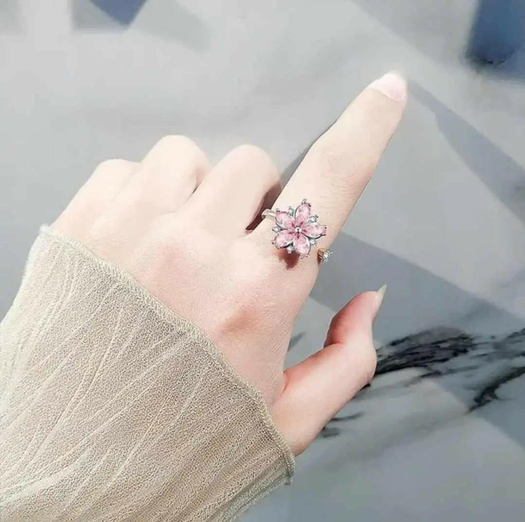 The Breath Collection Mindful Rings .925 Sterling Silver - Pink Flower Fidget Spinner Ring - Mindful Rings
