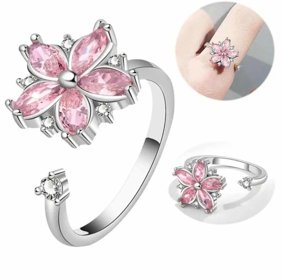 The Breath Collection Mindful Rings .925 Sterling Silver - Pink Flower Fidget Spinner Ring - Mindful Rings