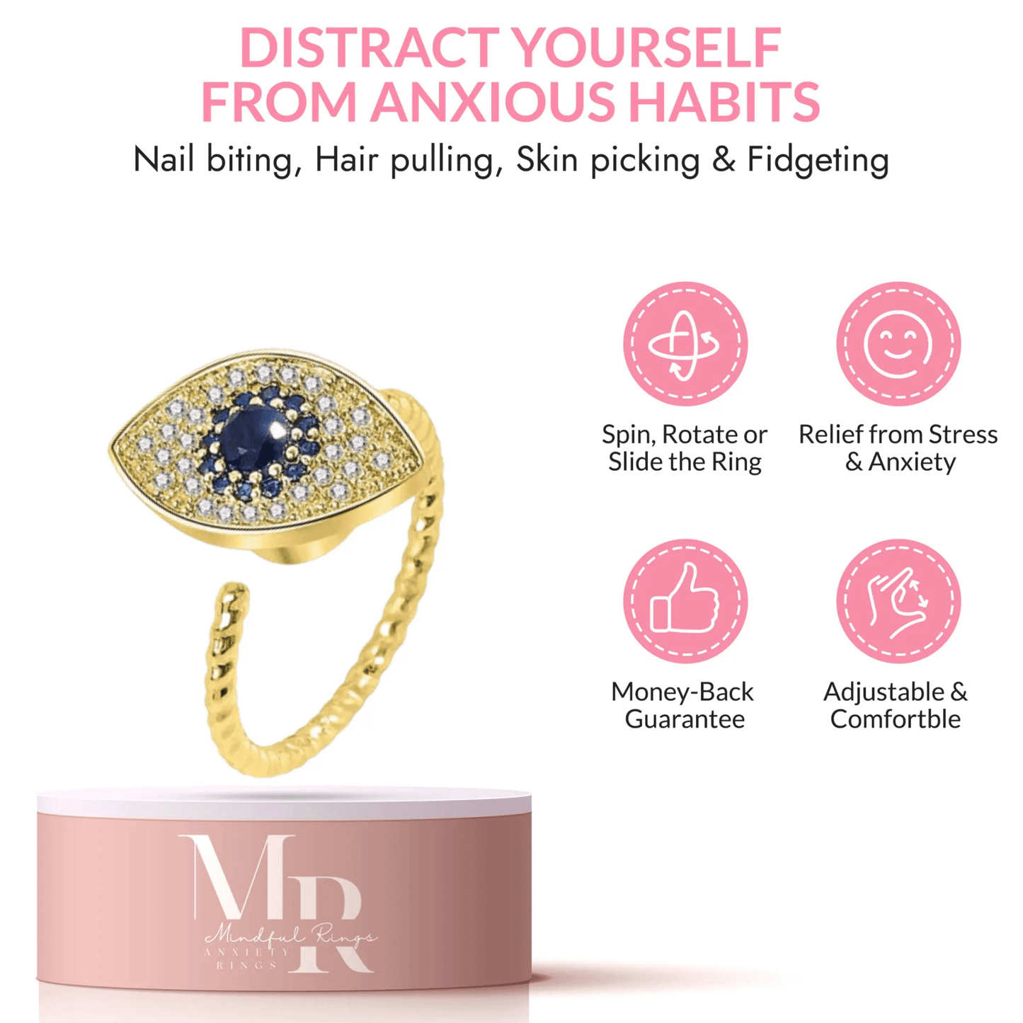 The Clarity Collection Mindful Rings - Gold Plated Evil Eye Fidget Spinner Ring - Mindful Rings