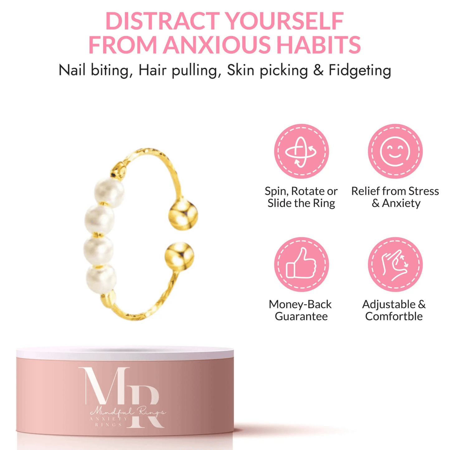 The Gold Plated - White Faux Pearl Fidget Anxiety Ring - Mindful Rings