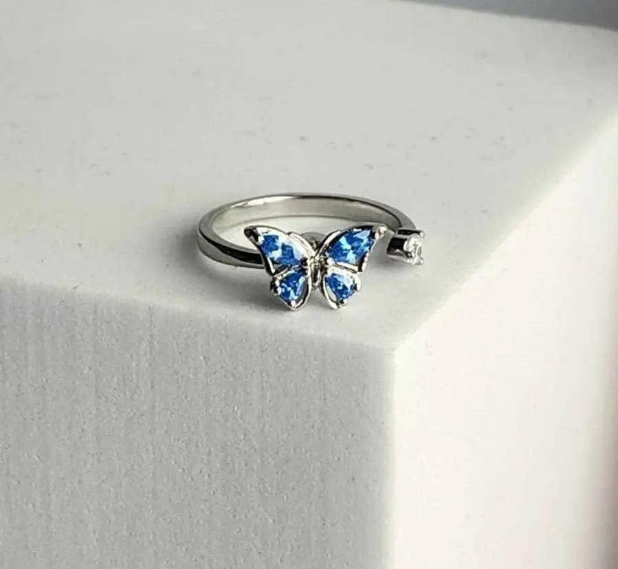 The Wellbeing Collection - .925 Sterling Silver Blue Butterfly Fidget Spinner Ring - Mindful Rings