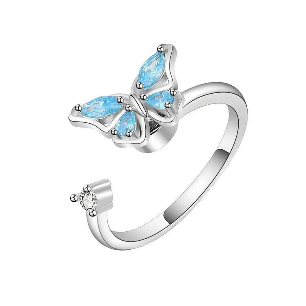 The Wellbeing Collection - .925 Sterling Silver Blue Butterfly Fidget Spinner Ring - Mindful Rings