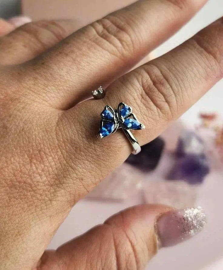 The Wellbeing Collection - .925 Sterling Silver Blue Butterfly Fidget Spinner Ring - Mindful Rings