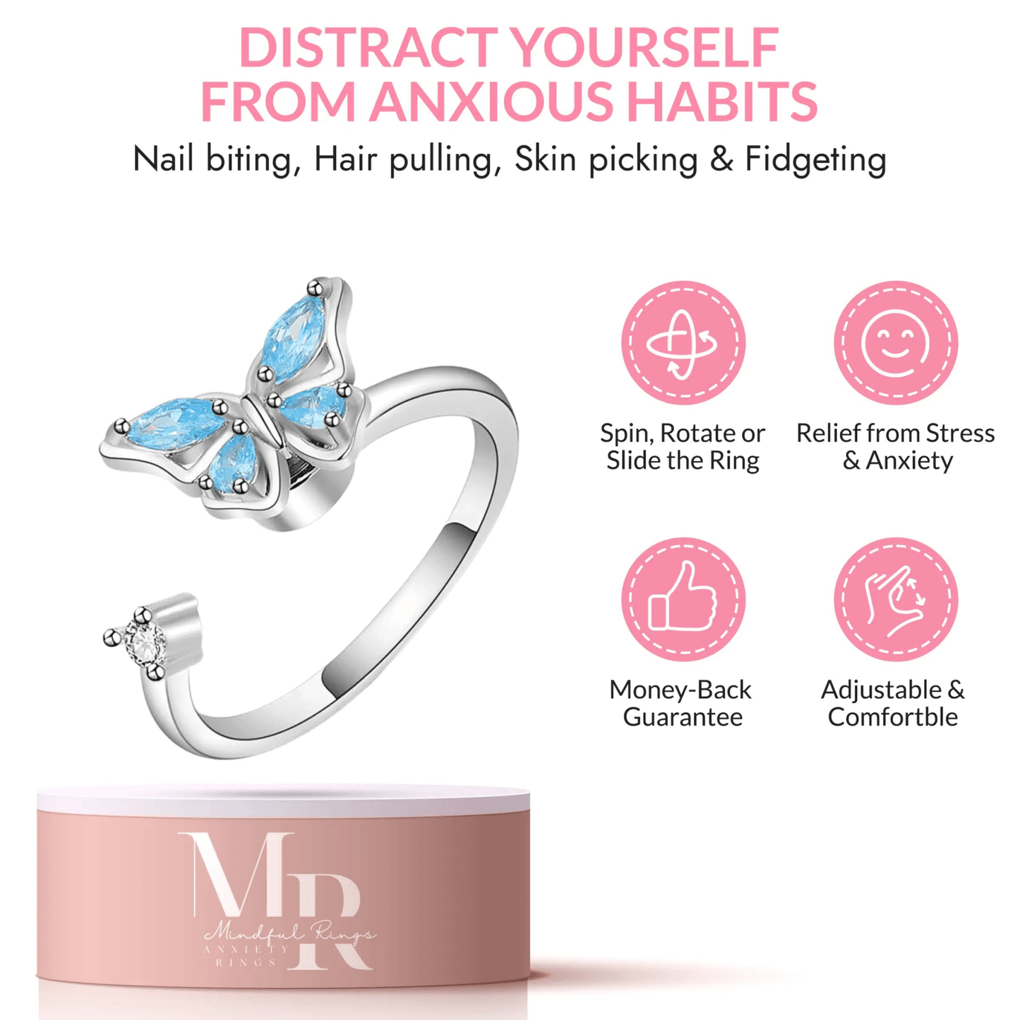 The Wellbeing Collection - .925 Sterling Silver Blue Butterfly Fidget Spinner Ring - Mindful Rings