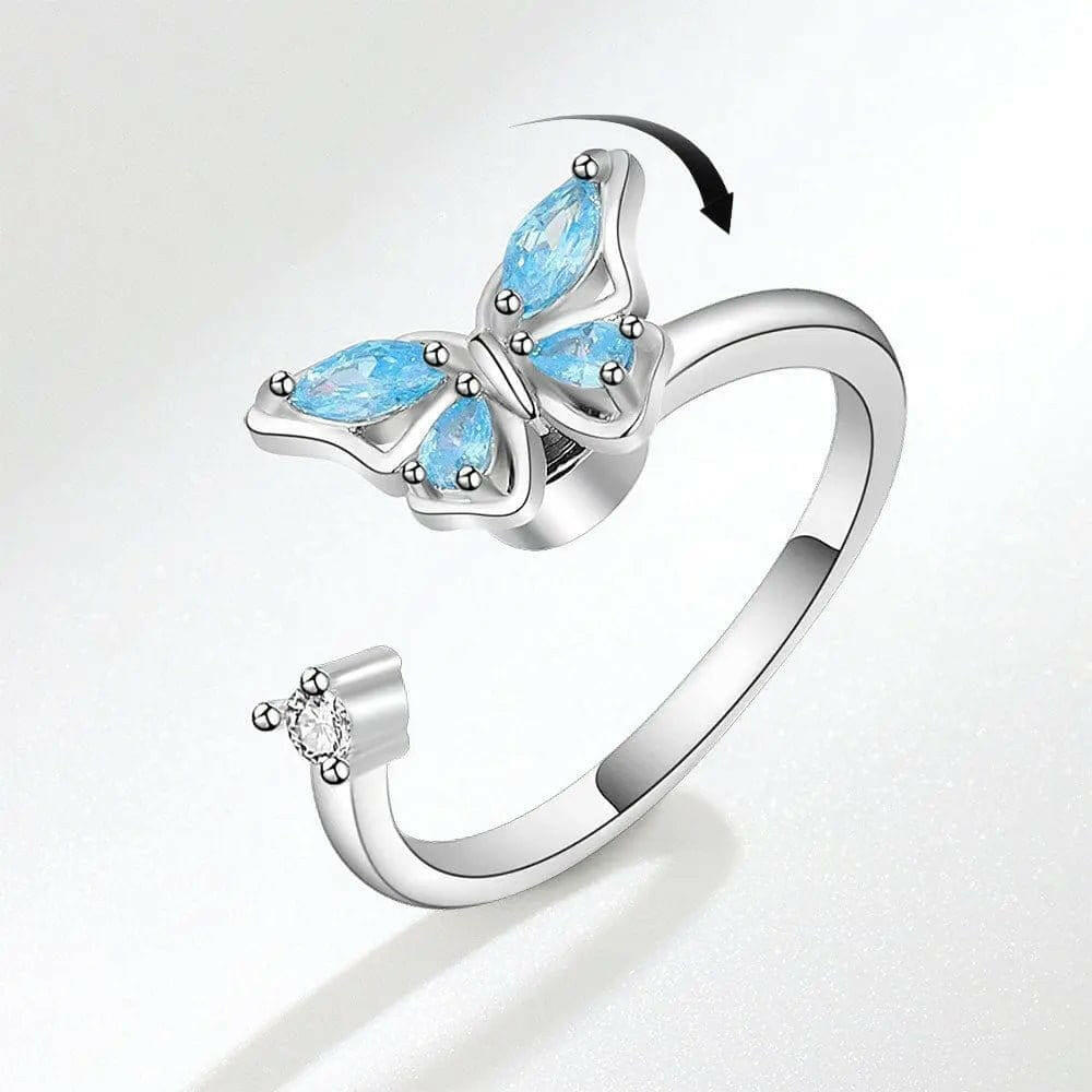 The Wellbeing Collection - .925 Sterling Silver Blue Butterfly Fidget Spinner Ring - Mindful Rings