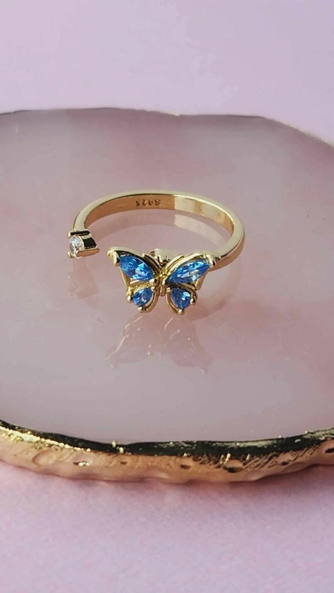 The Wellbeing Collection - Gold Plated Blue Butterfly Fidget Spinner Ring - Mindful Rings