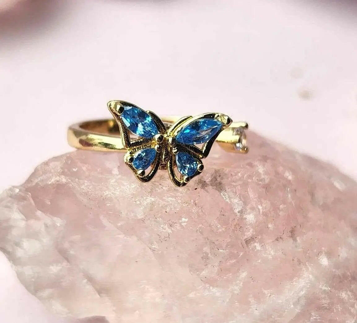 The Wellbeing Collection - Gold Plated Blue Butterfly Fidget Spinner Ring - Mindful Rings
