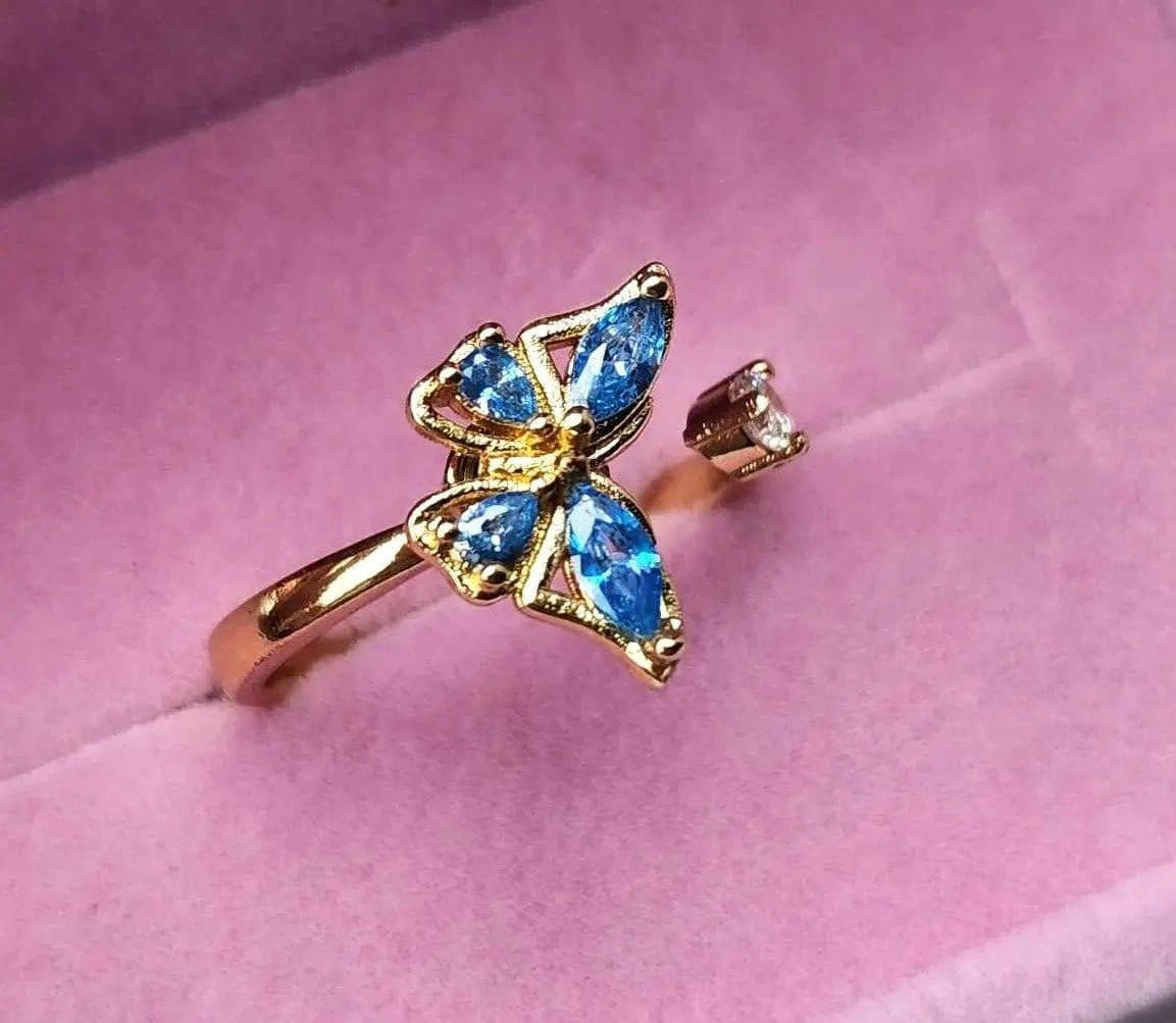 The Wellbeing Collection - Gold Plated Blue Butterfly Fidget Spinner Ring - Mindful Rings