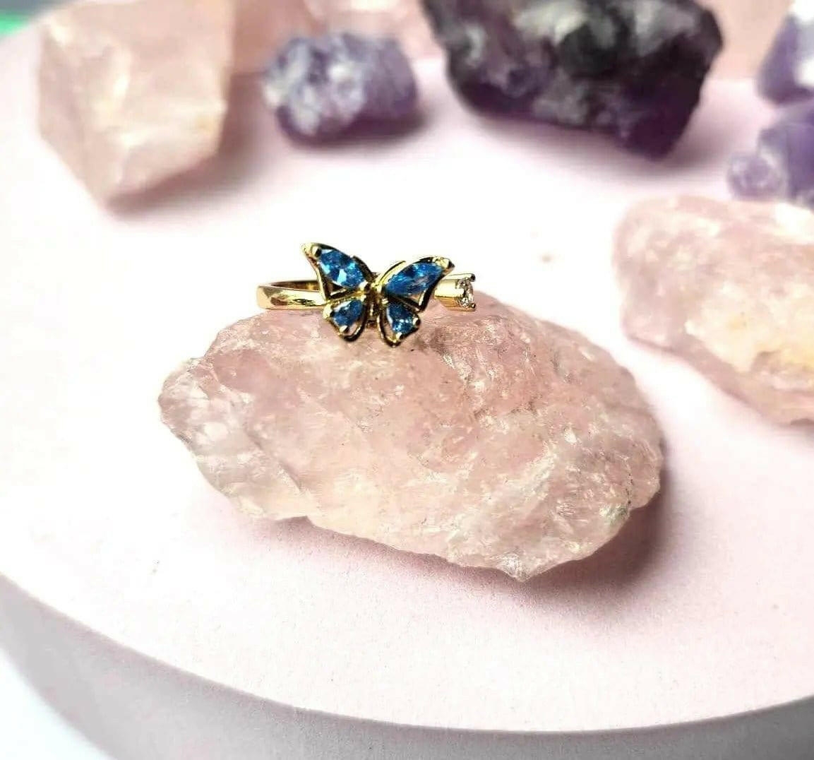 The Wellbeing Collection - Gold Plated Blue Butterfly Fidget Spinner Ring - Mindful Rings
