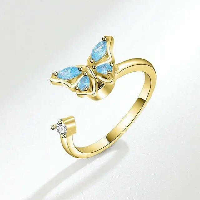 The Wellbeing Collection - Gold Plated Blue Butterfly Fidget Spinner Ring - Mindful Rings