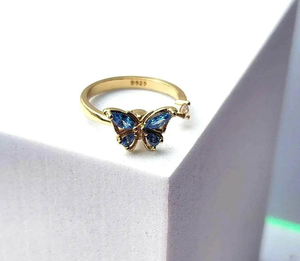 The Wellbeing Collection - Gold Plated Blue Butterfly Fidget Spinner Ring - Mindful Rings