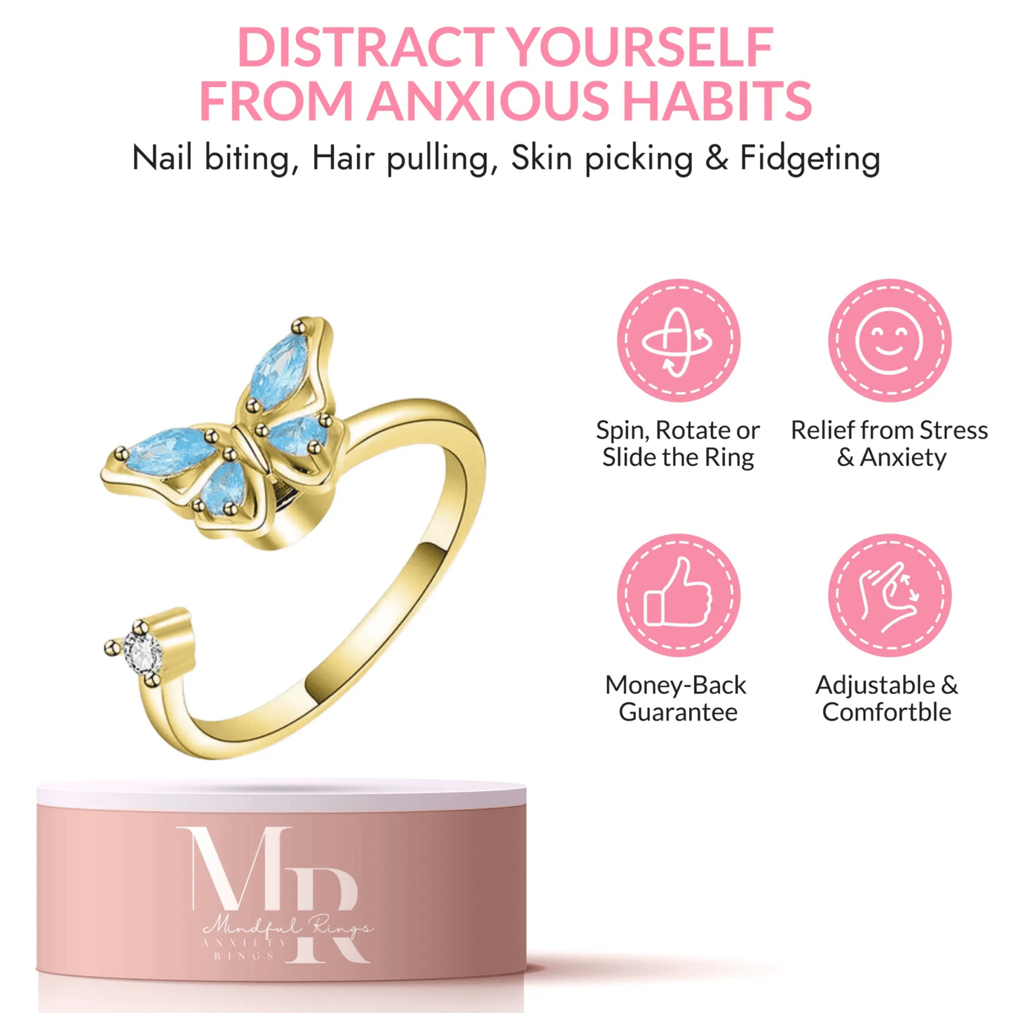 The Wellbeing Collection - Gold Plated Blue Butterfly Fidget Spinner Ring - Mindful Rings
