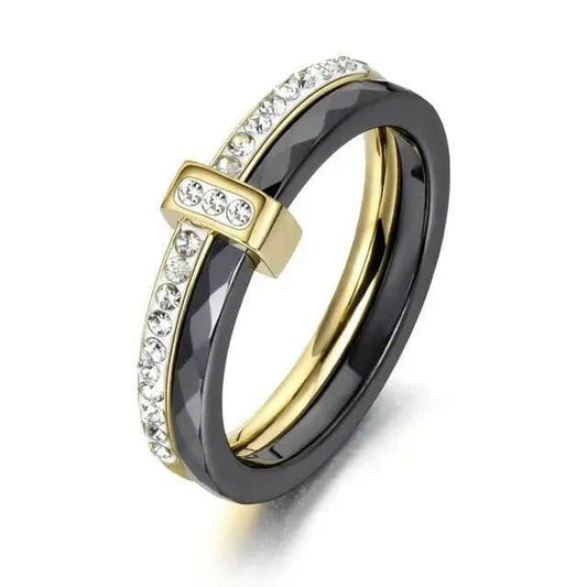 2 Layers Black/Gold Ceramic Cz Clear Gems Ring - Spinning Rotating Fidget Anxiety Ring - Mindful Rings
