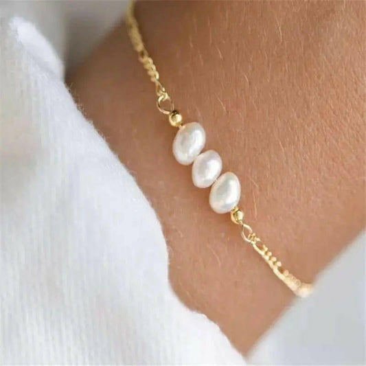 Gold Plated over .925 Sterling Silver Three Imitation Pearls Bead Bracelet - Fidget Jewellery - Mindful Rings