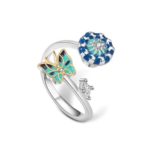 Golden Blue Butterfly Ring - Spinning Fidget Anxiety Ring - Mindful Rings