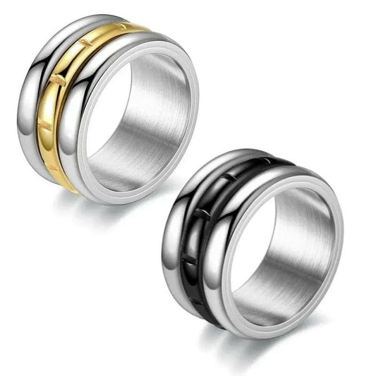 Mens Stainless Steel Gold and Black Spinner Ring - Rotatable Anti Stress Fidget Ring - Mindful Rings