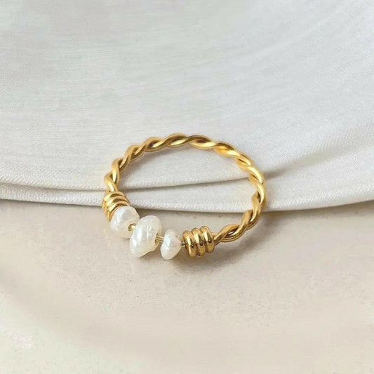 PRE ORDER Gold Plated Twist Titanium Steel Natural Freshwater Pearl Ring - Spinning Rotating Fidget Anxiety Ring - Mindful Rings