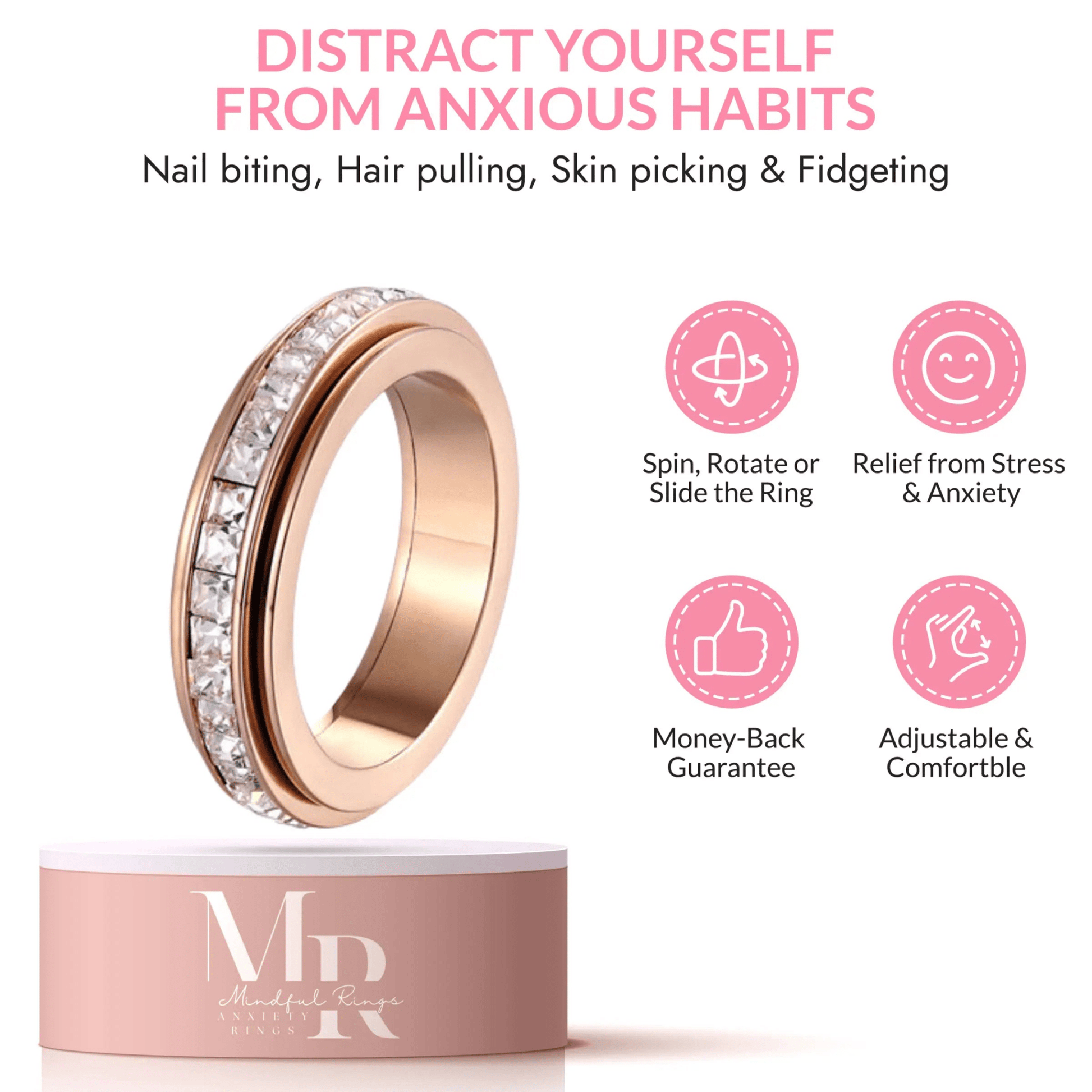 The Essence Collection Mindful Rings - Rose Gold Sterling Silver Fidget Rotating Spinner Ring - Mindful Rings