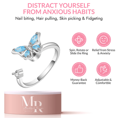 The Wellbeing Collection - .925 Sterling Silver Blue Butterfly Fidget Spinner Ring - Mindful Rings