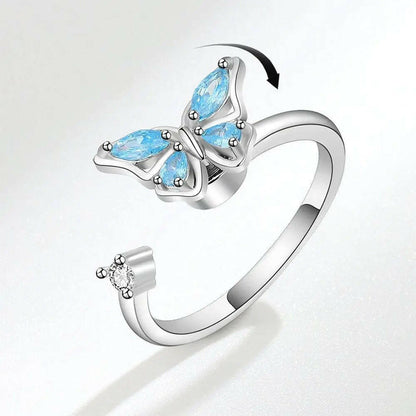 The Wellbeing Collection - .925 Sterling Silver Blue Butterfly Fidget Spinner Ring - Mindful Rings