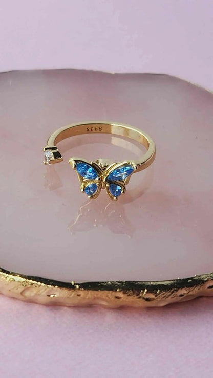 The Wellbeing Collection - Gold Plated Blue Butterfly Fidget Spinner Ring - Mindful Rings