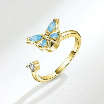 The Wellbeing Collection - Gold Plated Blue Butterfly Fidget Spinner Ring - Mindful Rings