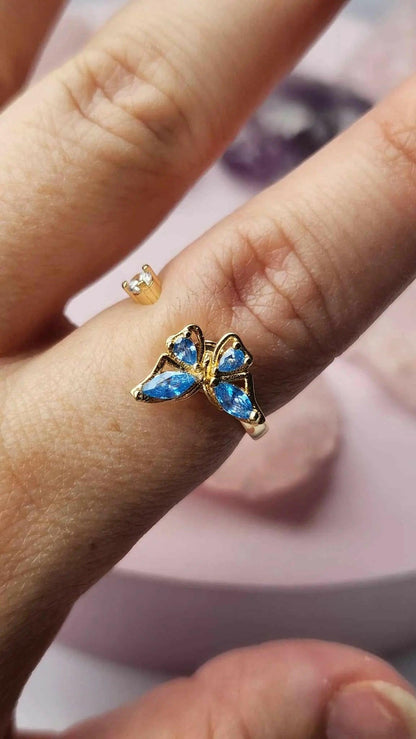 The Wellbeing Collection - Gold Plated Blue Butterfly Fidget Spinner Ring - Mindful Rings